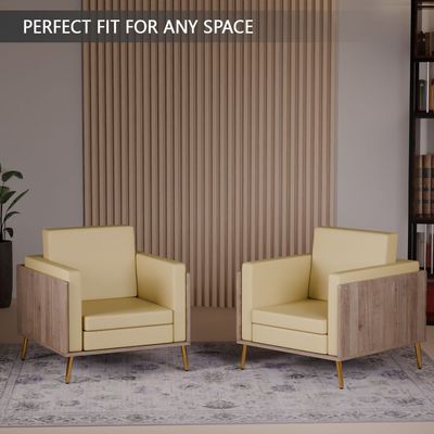 Mahmayi KD 3326 Stylish Single Seat Truffle Davos Oak Wooden Sofa with Golden Legs and Comfortable PU Cushion, Durable and Space Saving Design, Ideal for Home, Office, Living Room and Lounge Area - Light Sandal