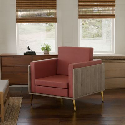 Mahmayi KD 3326 Stylish Single Seat Truffle Davos Oak Wooden Sofa with Golden Legs and Comfortable PU Cushion, Durable and Space Saving Design, Ideal for Home, Office, Living Room and Lounge Area - Maroon