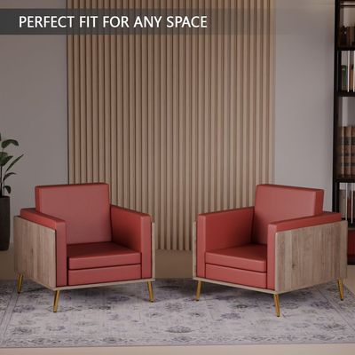 Mahmayi KD 3326 Stylish Single Seat Truffle Davos Oak Wooden Sofa with Golden Legs and Comfortable PU Cushion, Durable and Space Saving Design, Ideal for Home, Office, Living Room and Lounge Area - Maroon