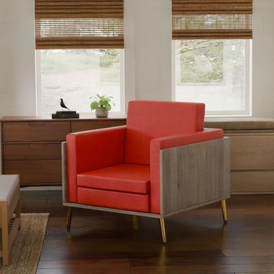 Mahmayi KD 3326 Stylish Single Seat Truffle Davos Oak Wooden Sofa with Golden Legs and Comfortable PU Cushion, Durable and Space Saving Design, Ideal for Home, Office, Living Room and Lounge Area - Red