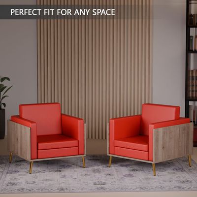 Mahmayi KD 3326 Stylish Single Seat Truffle Davos Oak Wooden Sofa with Golden Legs and Comfortable PU Cushion, Durable and Space Saving Design, Ideal for Home, Office, Living Room and Lounge Area - Red