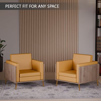 Mahmayi KD 3326 Stylish Single Seat Truffle Davos Oak Wooden Sofa with Golden Legs and Comfortable PU Cushion, Durable and Space Saving Design, Ideal for Home, Office, Living Room and Lounge Area - Sandal