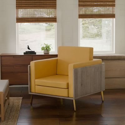 Mahmayi KD 3326 Stylish Single Seat Truffle Davos Oak Wooden Sofa with Golden Legs and Comfortable PU Cushion, Durable and Space Saving Design, Ideal for Home, Office, Living Room and Lounge Area - Sandal