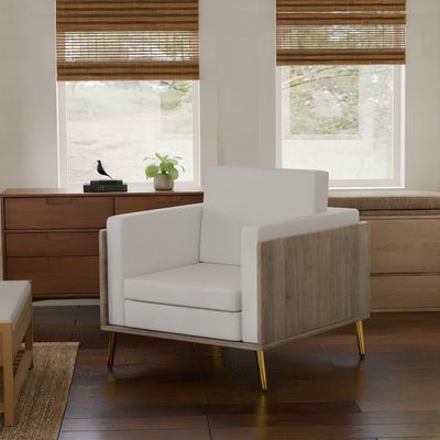 Mahmayi KD 3326 Stylish Single Seat Truffle Davos Oak Wooden Sofa with Golden Legs and Comfortable PU Cushion, Durable and Space Saving Design, Ideal for Home, Office, Living Room and Lounge Area - White