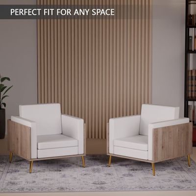 Mahmayi KD 3326 Stylish Single Seat Truffle Davos Oak Wooden Sofa with Golden Legs and Comfortable PU Cushion, Durable and Space Saving Design, Ideal for Home, Office, Living Room and Lounge Area - White