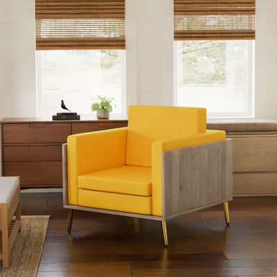 Mahmayi KD 3326 Stylish Single Seat Truffle Davos Oak Wooden Sofa with Golden Legs and Comfortable PU Cushion, Durable and Space Saving Design, Ideal for Home, Office, Living Room and Lounge Area - Yellow