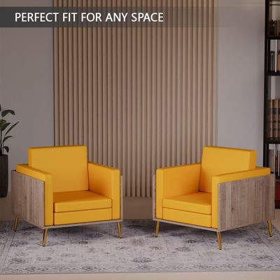Mahmayi KD 3326 Stylish Single Seat Truffle Davos Oak Wooden Sofa with Golden Legs and Comfortable PU Cushion, Durable and Space Saving Design, Ideal for Home, Office, Living Room and Lounge Area - Yellow