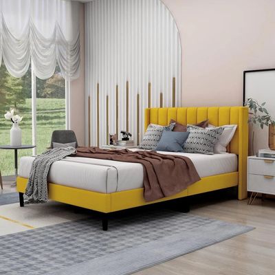 Modern Rectangular Velvet Upholstery Bed with Soft Wingback Headboard Super King