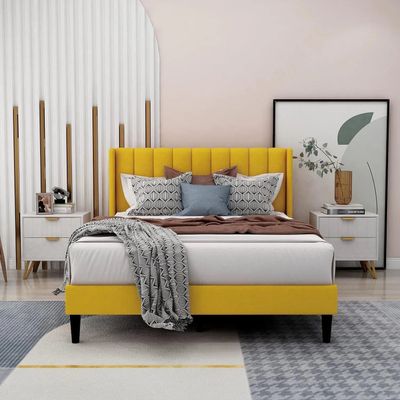 Modern Rectangular Velvet Upholstery Bed with Soft Wingback Headboard Super King