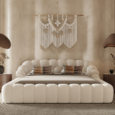 Syrux Bubble Design Modern Cloud Bed In Soft Boucle Fabric Off White Super King