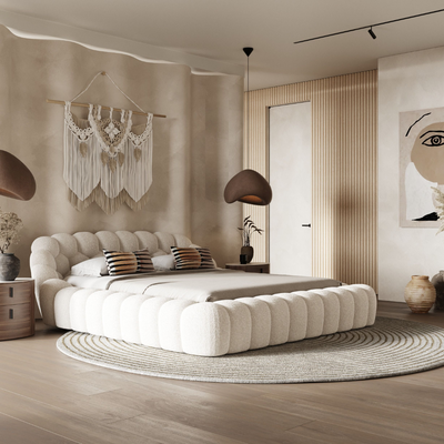 Syrux Bubble Design Modern Cloud Bed In Soft Boucle Fabric Off White Super King