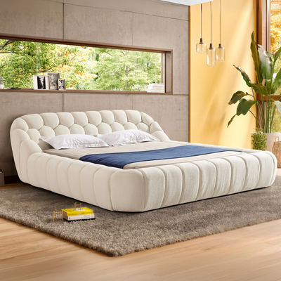 Syrux Bubble Design Modern Cloud Bed In Soft Boucle Fabric Off White Super King