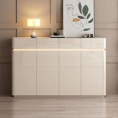 AWD Modern Sleek Shoe Storage Cabinet with LED Light - Shoe Rack Organizing Cabinet 158cm Wide - Glass Top, Cream White.