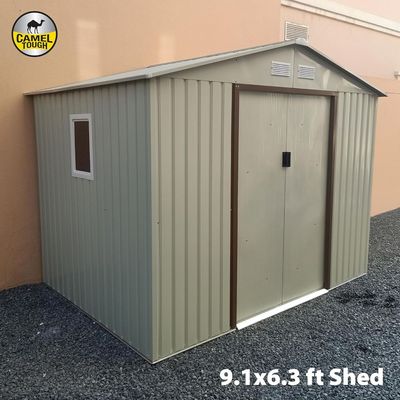 CamelTough Outdoor Metal Storage Shed 9.1 X 6.3 feet, With Shelf Rack and Heavy Duty Storage Box 60 Liters, Garden Shed Combo, Weather Resistant, for Tools Patio Furniture and Garage – CT-205