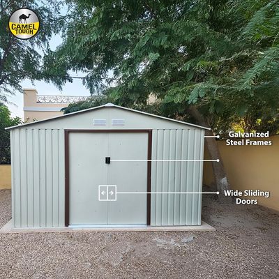 CamelTough Outdoor Metal Storage Shed 11.2 X 10.6 feet, With Shelf Rack and Heavy Duty Storage Boxes 75L & 60L, Garden Shed Combo, Weather Resistant, for Tools Patio Furniture and Garage - CT-207