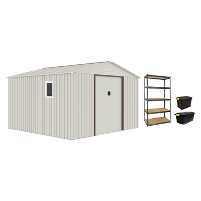 CamelTough Outdoor Metal Storage Shed 11.2 X 10.6 feet, With Shelf Rack and Heavy Duty Storage Boxes 75L & 60L, Garden Shed Combo, Weather Resistant, for Tools Patio Furniture and Garage - CT-207