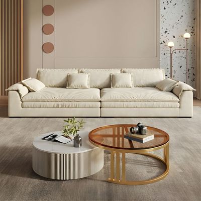 Elegant Wide Comfy Couch Frosted Velvet Upholstery - Off White -320W x 96D x 72H