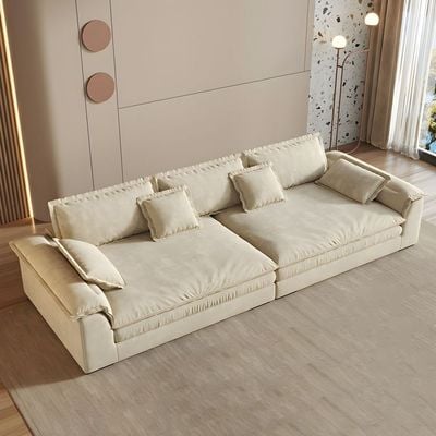 Elegant Wide Comfy Couch Frosted Velvet Upholstery - Off White -360W x 96D x 72H