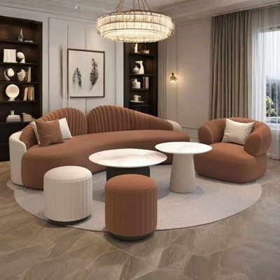Modern Velvet Curved 3+1 Seater Sofa Set with 2 Stools - Wood Frame - High-Quality Foam Filling -  Brown and Off White