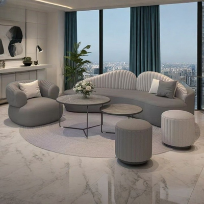 Modern Velvet Curved 3+1 Seater Sofa Set with 2 Stools - Wood Frame - High-Quality Foam Filling - Light Gray and Dark Gray