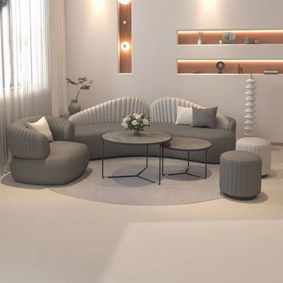 Modern Velvet Curved 3+1 Seater Sofa Set with 2 Stools - Wood Frame - High-Quality Foam Filling - Light Gray and Dark Gray