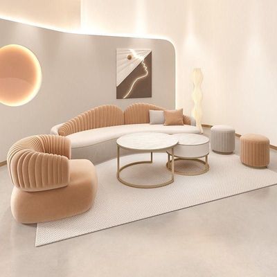 Modern Velvet Curved 3+1 Seater Sofa Set with 2 Stools - Wood Frame - High-Quality Foam Filling -  Orange and Light Gray