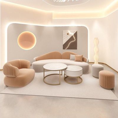 Modern Velvet Curved 3+1 Seater Sofa Set with 2 Stools - Wood Frame - High-Quality Foam Filling - Orange and Light Gray