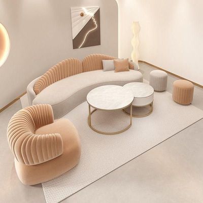 Modern Velvet Curved 3+1 Seater Sofa Set with 2 Stools - Wood Frame - High-Quality Foam Filling - Orange and Light Gray