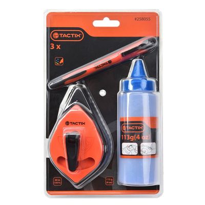 Tactix 3 PC Chalk Line Set, 30m (100ft) Chalk Line Reel, 113g Blue Chalk, Oil & Water Resistant Black Marker for Accurate Marking, Durable Tools for Construction & DIY Projects- 258055