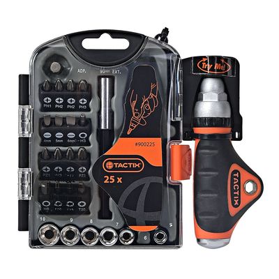 Tactix 25-Piece Stubby Torq Driver Set, CR-V Bits & Socket Set, Mini Screwdriver for Tight Space, Includes Stubby Driver, Extension Bar & Adaptor, Precision Tool Kit, Orange/Black- 900225