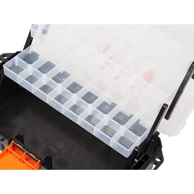 Tactix Multifunctional Tool Box with 3 Cantilever Trays, Bulk Storage, Multiple Compartments, Lockable, Clear Lid, Organizer for Tools, Hardware & Small Parts, Size: 45W x 22D x 21.3H cm - 320311