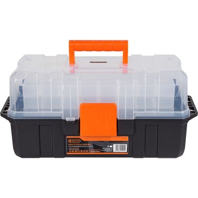 Tactix Multifunctional Tool Box with 3 Cantilever Trays, Bulk Storage, Multiple Compartments, Lockable, Clear Lid, Organizer for Tools, Hardware & Small Parts, Size: 45W x 22D x 21.3H cm - 320311