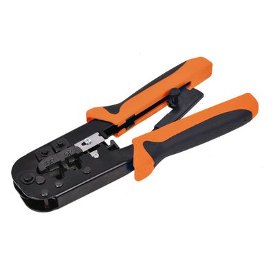 Tactix 3-in-1 Crimping Tool with Ratchet Function, Connector Crimper, Cuts & Strips Network & Telephone Cables, Durable & Professional Grade, Black/Orange- 401013