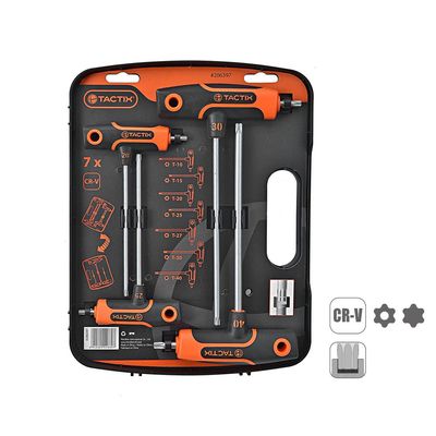 Tactix 7-Piece T-Handle Torx Key Set, T10-T40 Sizes, Chrome Vanadium Steel, Non-Slip Bi-Material Handle, Precision Star Key Wrench Set for Automotive and Repairs- 206397