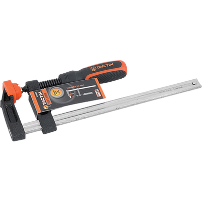 Tactix F Clamp, Steel Bar Clamp 600 x 120mm, Heavy Cast Iron Body, Non-Slip Bi-Material Handle for Woodworking, Metalworking, DIY, Back/Orange - 215433