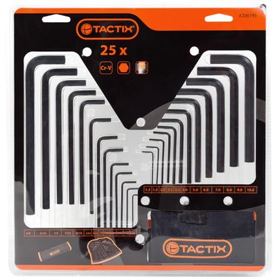 Tactix 25-Piece Hex Key Wrench Set, L Shape Allen Keys Metric and SAE Allen Wrenches (1.3–10mm / 0.05–3/8 inch), Chrome Vanadium Steel with Nylon Pouch - 206195
