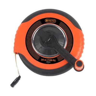 Tactix Long Tape Measure 30M (100FT), Impact-Resistant Non-Slip Case, Durable Fiberglass Measuring Tape with Pivot Hand Reel for Easy Rewinding, Black/Orange- 240630