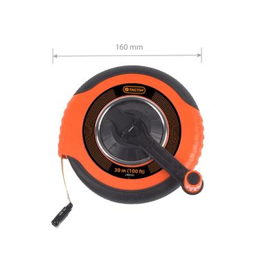 Tactix Long Tape Measure 30M (100FT), Impact-Resistant Non-Slip Case, Durable Fiberglass Measuring Tape with Pivot Hand Reel for Easy Rewinding, Black/Orange- 240630