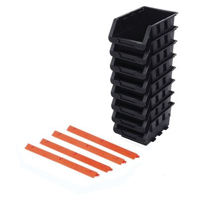 Tactix 8-Piece Storage Bin Set, Stackable Bins with Wall-Mountable Hangers, Sleek Black/Orange Design, Perfect for Home, Garage and Workshop, Dimensions: 10.5W x 16.4D x 7.6H cm- 320604