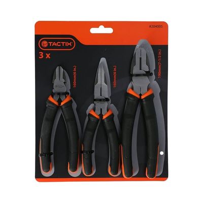 Tactix 3-Piece Pliers Set, Heavy-Duty with 7.5-Inch Linesman, 6-Inch Needle Nose Pliers and 6-Inch Diagonal Cutters for Basic Repair, Black/Orange - 204005