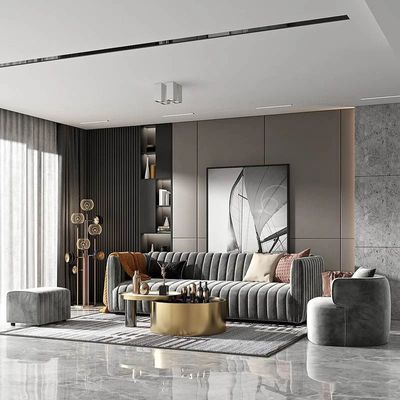 Elegant 3-Seater Gray Sofa with Single Chair and Ottoman Set.