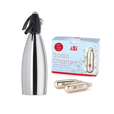 Soda Siphon with 1L Stainless Steel Bottle and CO2 Chargers 8.4g – Pack of 10pcs