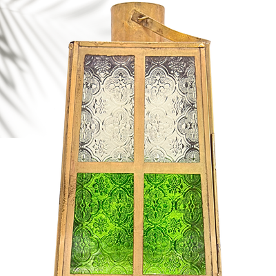 Big Arabic Floor Lantern Gold Metal with Clear & Green Glass – Ramadan Lantern, Eid Fanoos, Diwali Candle Holder, Large Decorative Candle Lantern for Home, Majlis, Balcony & Outdoor