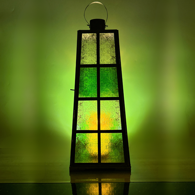 Big Arabic Floor Lantern Gold Metal with Clear & Green Glass – Ramadan Lantern, Eid Fanoos, Diwali Candle Holder, Large Decorative Candle Lantern for Home, Majlis, Balcony & Outdoor