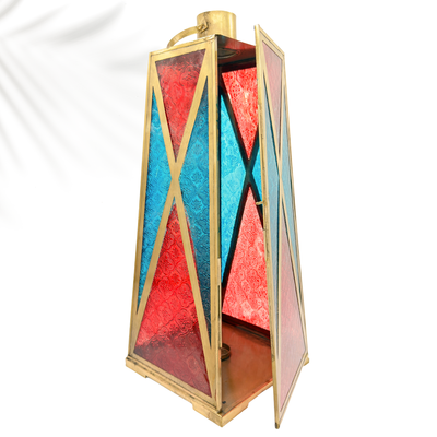 Big Floor Lantern Gold Metal with Red & Blue Glass – Arabic Ramadan Lantern, Eid Fanoos, Candle Holder, Square Shape Decorative Lantern for Home, Indoor Outdoor, Diwali & Christmas Decor