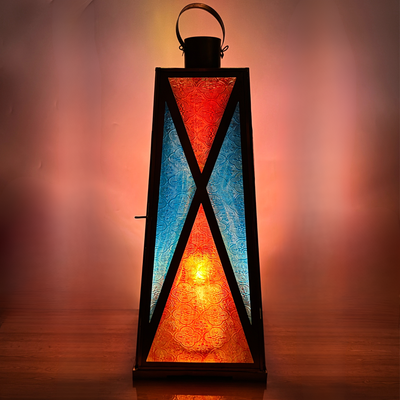 Big Floor Lantern Gold Metal with Red & Blue Glass – Arabic Ramadan Lantern, Eid Fanoos, Candle Holder, Square Shape Decorative Lantern for Home, Indoor Outdoor, Diwali & Christmas Decor