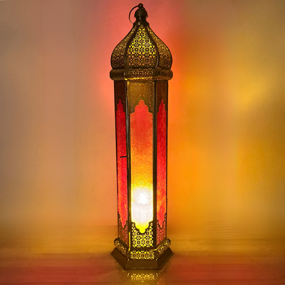 Big Floor Lantern 60 cm – Golden Metal Arabic Lantern with Clear & Red Glass | Decorative Candle Holder Fanoos for Home Decor, Ramadan, Eid, Diwali & Christmas Decoration