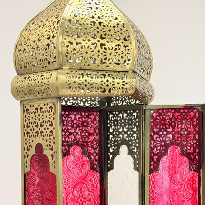 Big Floor Lantern 60 cm – Golden Metal Arabic Lantern with Clear & Red Glass | Decorative Candle Holder Fanoos for Home Decor, Ramadan, Eid, Diwali & Christmas Decoration