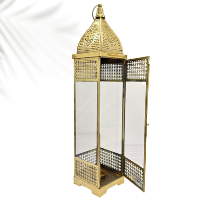 Big Floor Lantern with Embossed Glass – Golden Metal Arabic Architectural Design Candle Holder for Ramadan, Eid, Christmas & Home Décor – 50 cm Tall