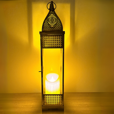 Big Floor Lantern with Embossed Glass – Golden Metal Arabic Architectural Design Candle Holder for Ramadan, Eid, Christmas & Home Décor – 50 cm Tall